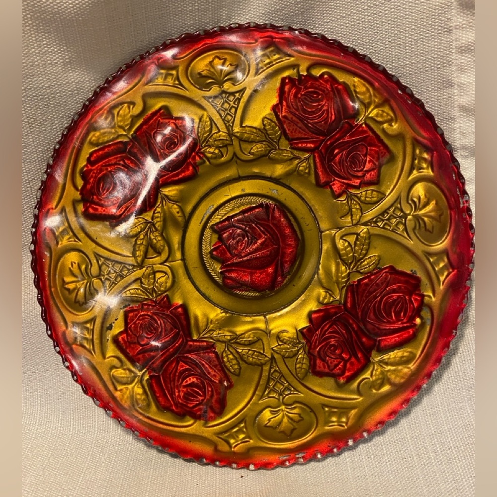 Antique 10.5” Goofas Glass Gold & Red Reverse Painted Plate Dish